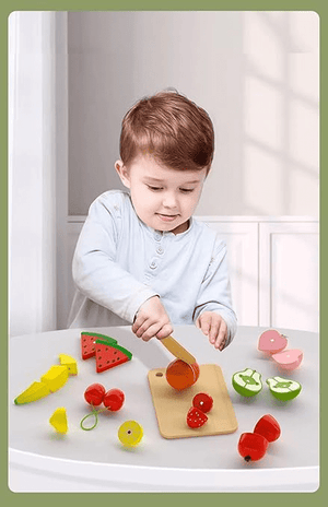 Wooden Fruits Basket Pretend Cutting Fruit Set with Wood Knife & Storage Basket - MyLittleTales