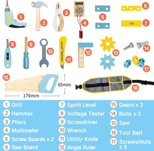 Wooden Tool belt set Wood Construction Kit Drill Hammer Screwdriver, Preschool Montessori Learning - MyLittleTales