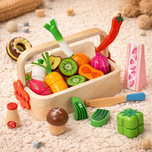 Wooden Vegetable Basket Pretend Cutting Vegetable Set with Wood Knife & Storage Basket - MyLittleTales