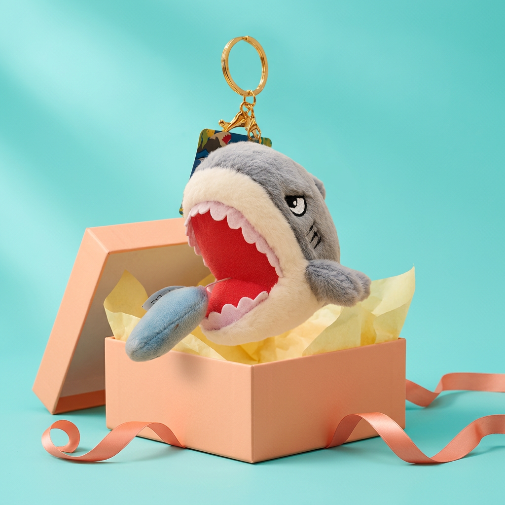 Bright square gift-items image featuring the shark keychain