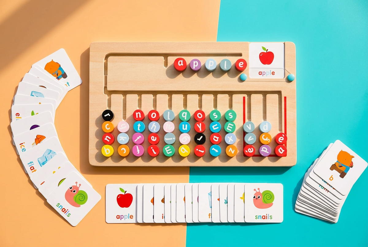 New Montessori wooden spelling game banner