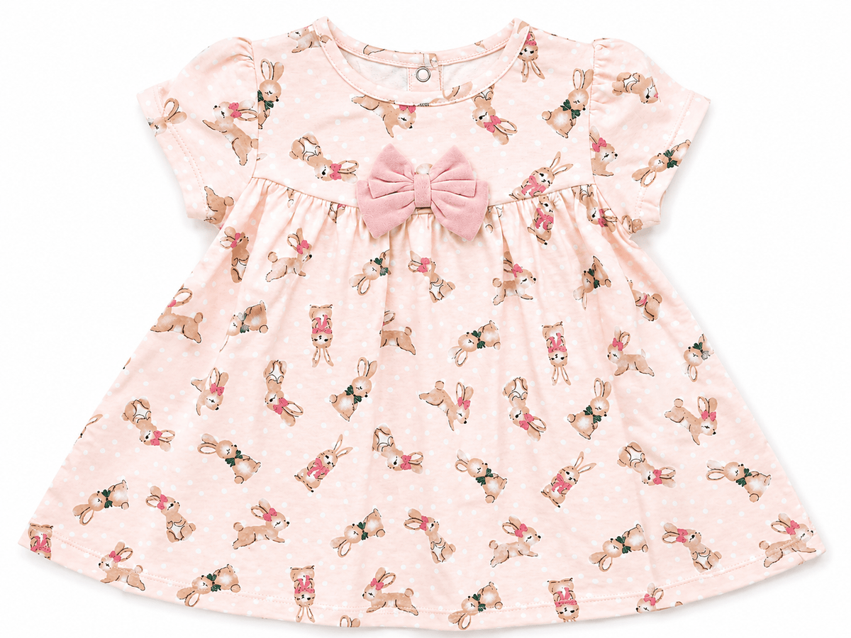 BUNNY PRINT BABY FROCK WITH BOW - Tynee Tots