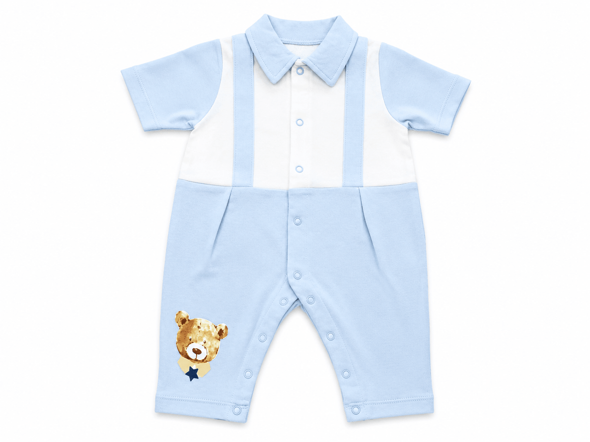 Teddy Star Cotton Baby Polo Romper | Sky Blue & White - Tynee Tots
