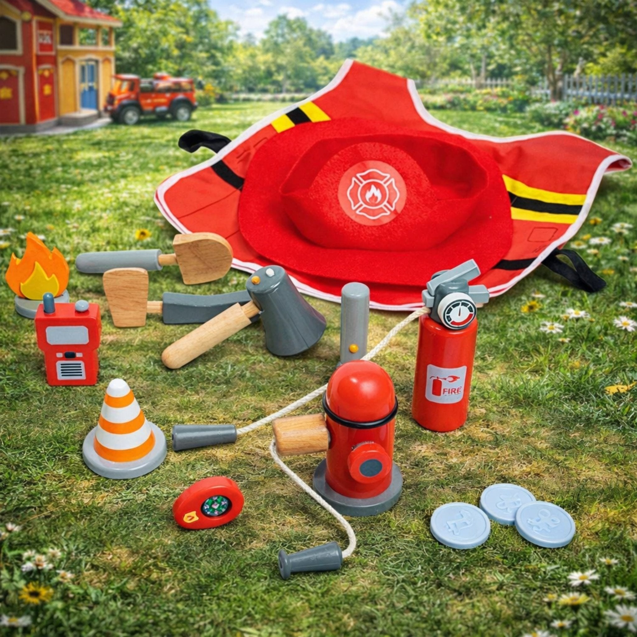 Wooden Fire fighter set Fireman Role Play Set Costume Set - MyLittleTales
