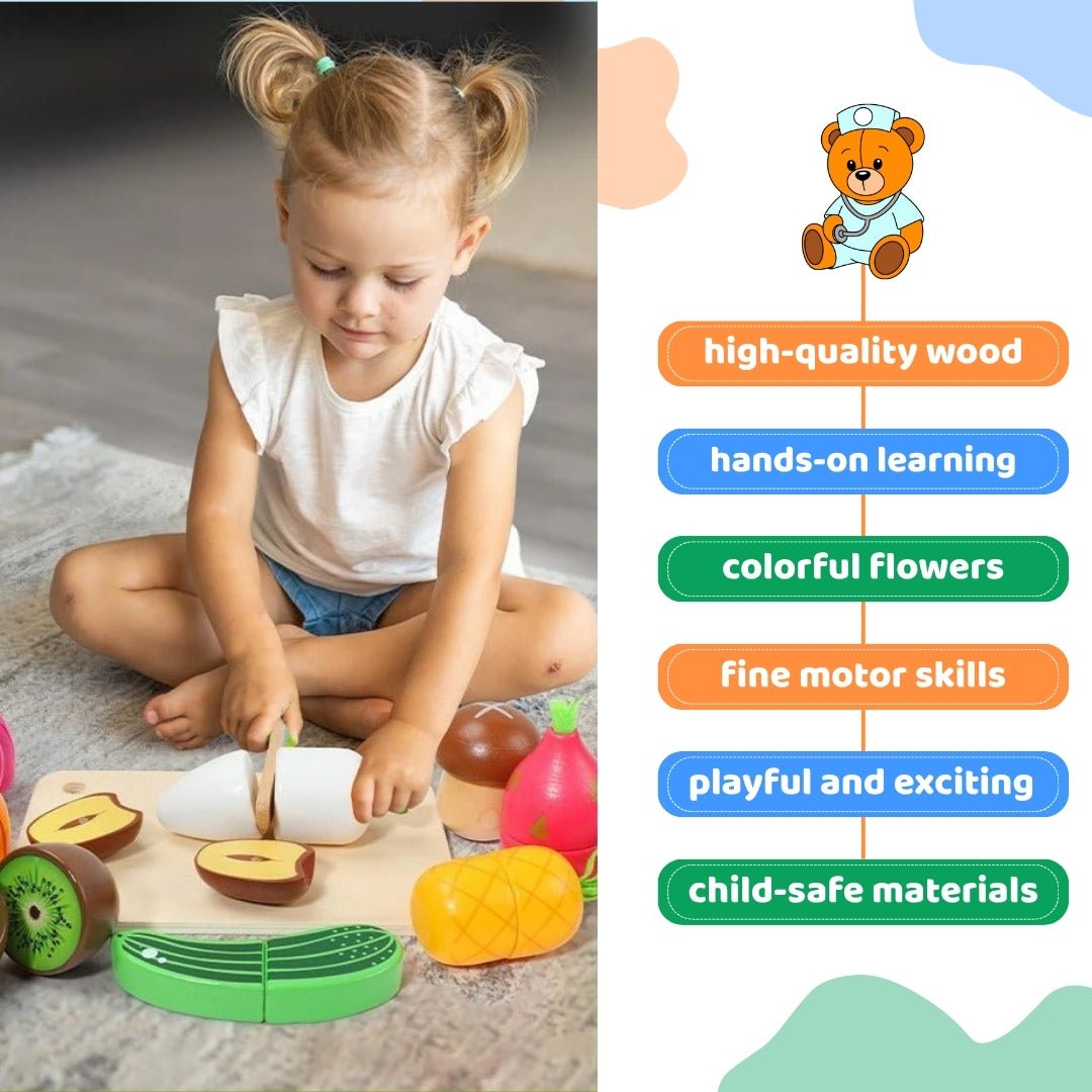 Wooden Fruits Basket Pretend Cutting Fruit Set with Wood Knife & Storage Basket - MyLittleTales