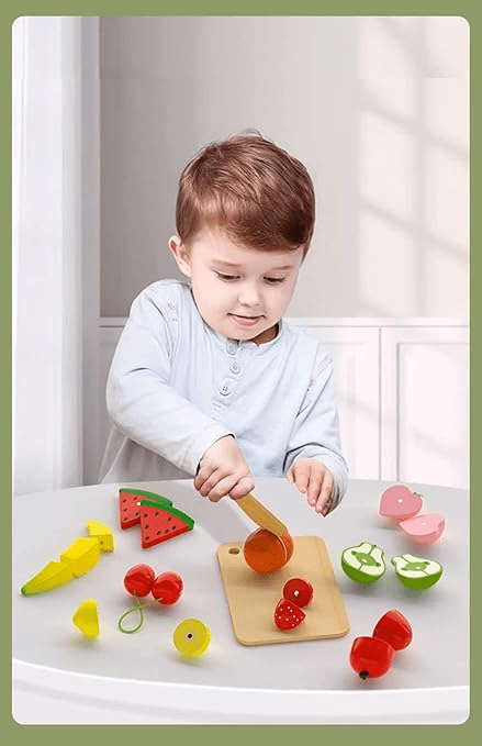 Wooden Fruits Basket Pretend Cutting Fruit Set with Wood Knife & Storage Basket - MyLittleTales