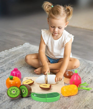 Wooden Fruits Basket Pretend Cutting Fruit Set with Wood Knife & Storage Basket - MyLittleTales