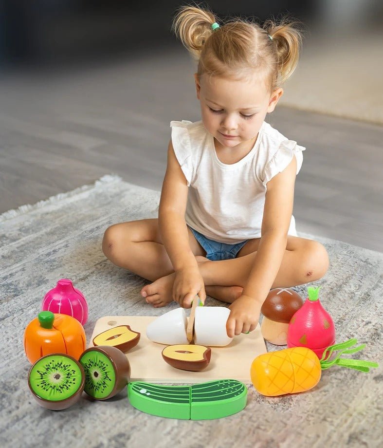 Wooden Fruits Basket Pretend Cutting Fruit Set with Wood Knife & Storage Basket - MyLittleTales