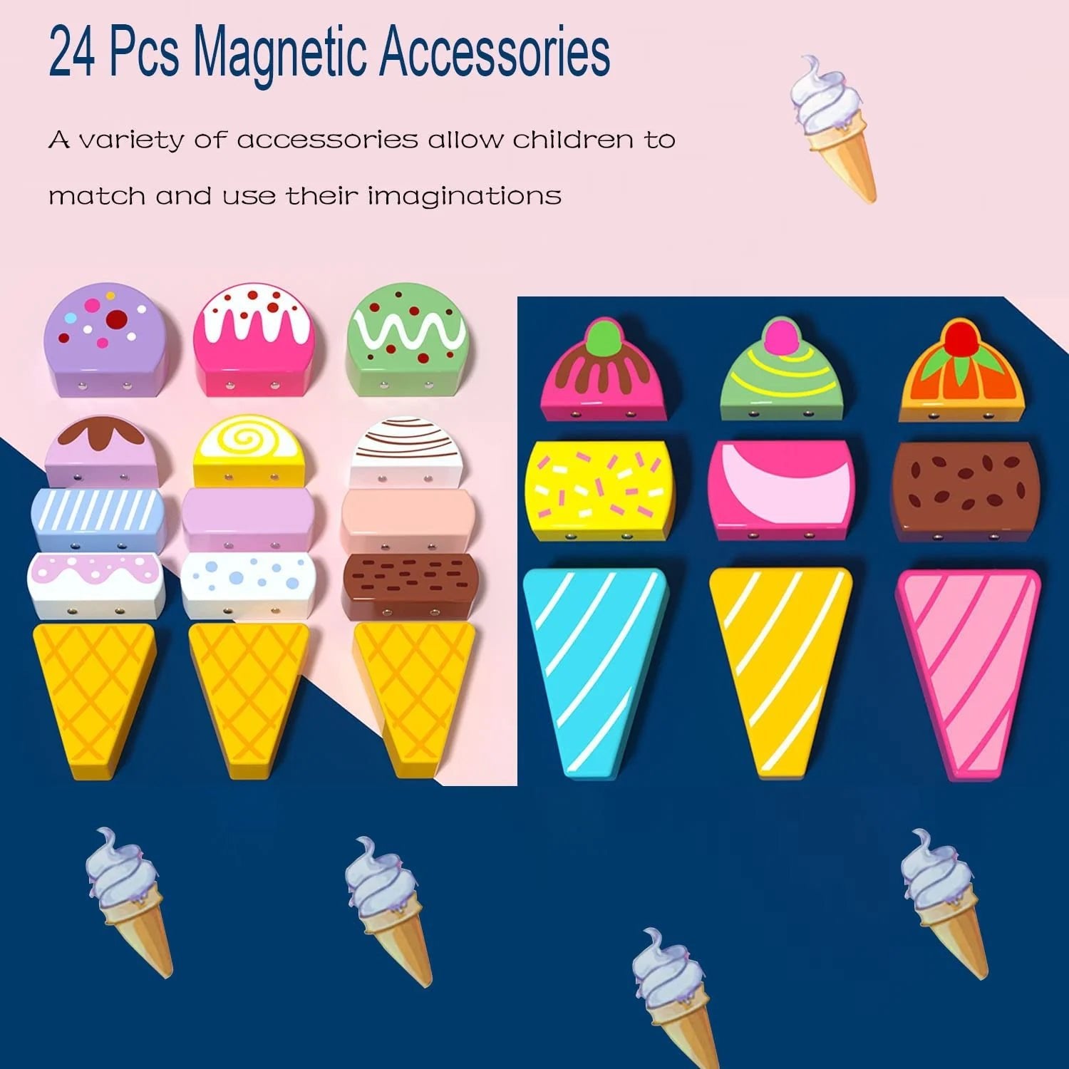 Wooden Ice Cream Truck | 28 pcs Magnetic Ice Cream Sweet Treats | Pretend Play Food & Accessories - Tynee Tots