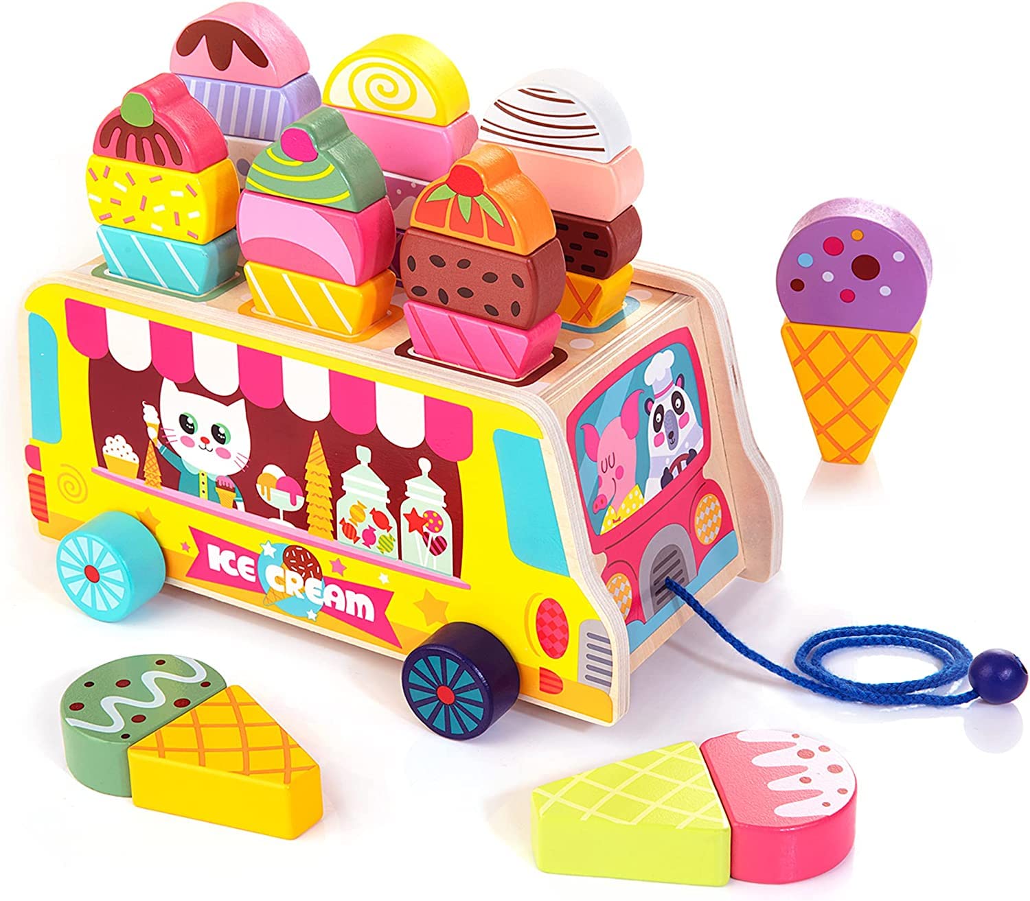 Wooden Ice Cream Truck | 28 pcs Magnetic Ice Cream Sweet Treats | Pretend Play Food & Accessories