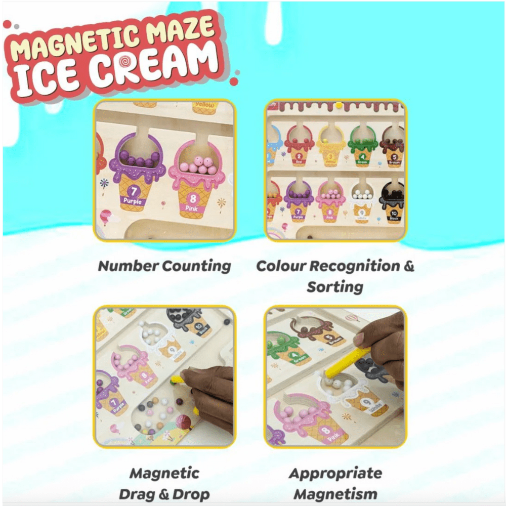 Wooden Magnetic Color & Number Maze Puzzle – Ice Cream Theme Educational Toy for Kids | Fine Motor Skills - MyLittleTales
