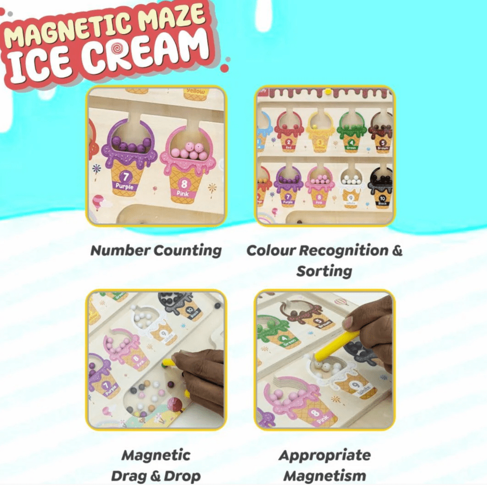 Wooden Magnetic Color & Number Maze Puzzle – Ice Cream Theme Educational Toy for Kids | Fine Motor Skills - MyLittleTales