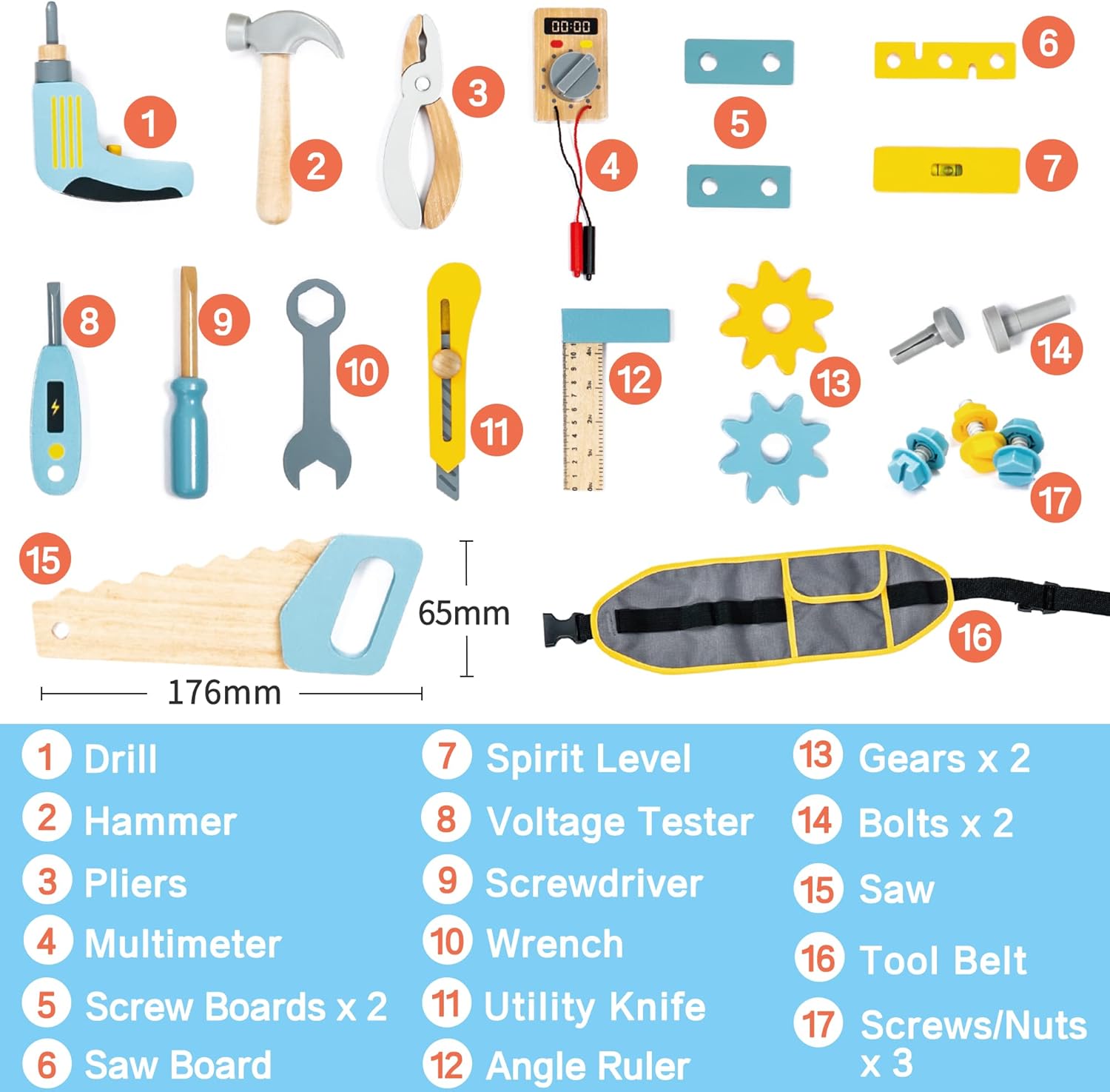 Wooden Tool belt set Wood Construction Kit Drill Hammer Screwdriver, Preschool Montessori Learning - MyLittleTales